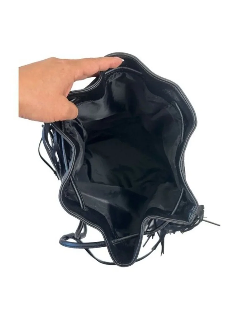 Victoria's Secret Backpack Solid Black Faux Suede Fringed Drawstring Bag Purse